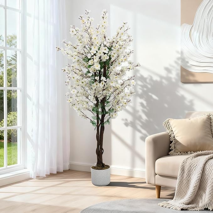 Garvee 5FT Artificial Wintersweet Tree in Pot, Fake Potted Flower Trees with Lifelike Plum Blossom, Decorative Evergreen Flowers Plants Indoor, for Home Living Room Outdoor Office Decor
