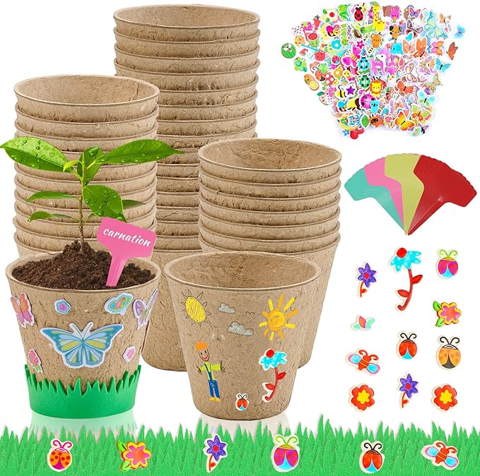 NNG 40 Set Garden Paper Pot Craft Kit,40Pcs Round Paper Mache Pots Peat Plant Pots with 400pcs Adhesive Foam Stickers & 40Pcs Pots Labels,Flower Plant Spring Craft for DIY Flower Planting