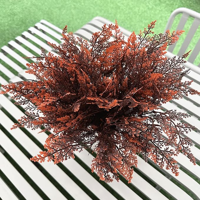 Artificial Ferns Plants, Fake Plastic Plant Faux Fern Leaves Shrubs Stems Realistic Boston Grass Decor for Outdoor Indoor Home Garden Party Office Wedding Christmas Decoration DIY Foliage Red 4 Pack