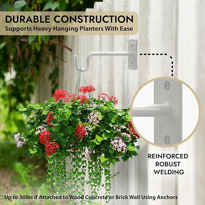 RTZEN Plant Hangers Outdoor or Indoor - Wrought Iron Metal Hanger Indoor Hook - Heavy Duty Wall Bracket Hooks for Hanging Plants Baskets Lanterns Wind Chimes - 2 Pack (White Shepherds Hooks 7.5")