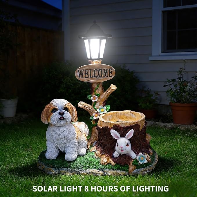 Animal Outdoor Statue Planter Solar Light Welcome Garden Sculpture Resin Flower Pot Decorative Porch Patio Yard Lawn Entryway Figurine with LED Lamp Rustic Plant Holder Ornament Courtyard (E)
