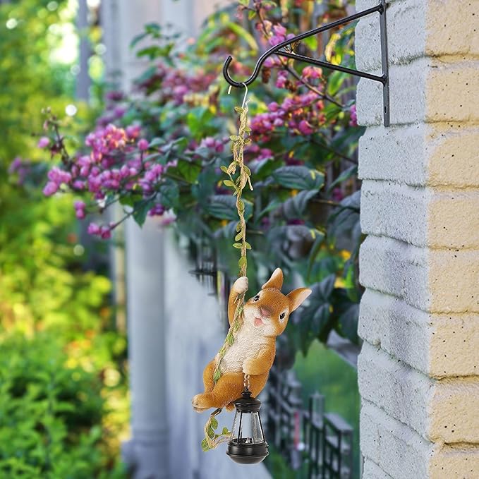 Joliyoou Easter Yard Décor, 6.9" H Resin Rabbit Climbing On A 23.6" L Vine with Solar LED Light, Waterproof Hanging Bunny Figurine Outdoor Statues with Hook for Garden Wall Balcony Tree Decoration