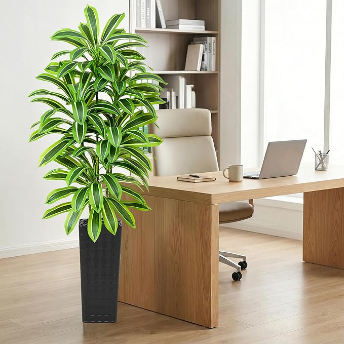 Artificial Dracaena Tree：7FT Faux Silk Tropical Yucca Floor Trees Realistic Fake Green Plant with Natural Wood Trunk & Lifelike Leaves for Home Office Decor Indoor & Outdoor (7FT,1-Pack,Black)