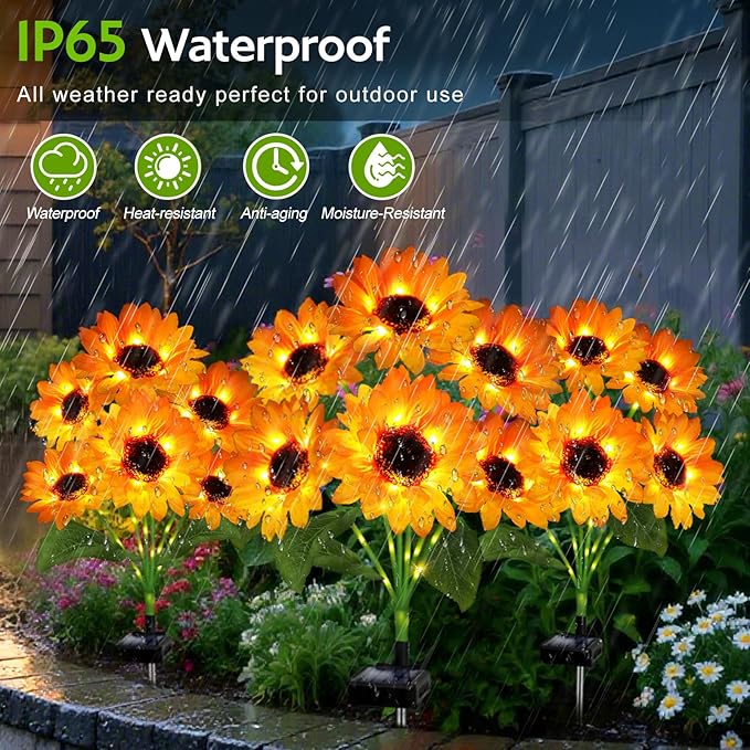 Solar Sunflower Lights Outdoor Garden Decor, 4 Pack Solar Flowers Lights with 18 Sunflowers, Waterproof Fall Decor Stake Decorative Light Auto ON/Off for Garden Yard Patio, Gift for Women