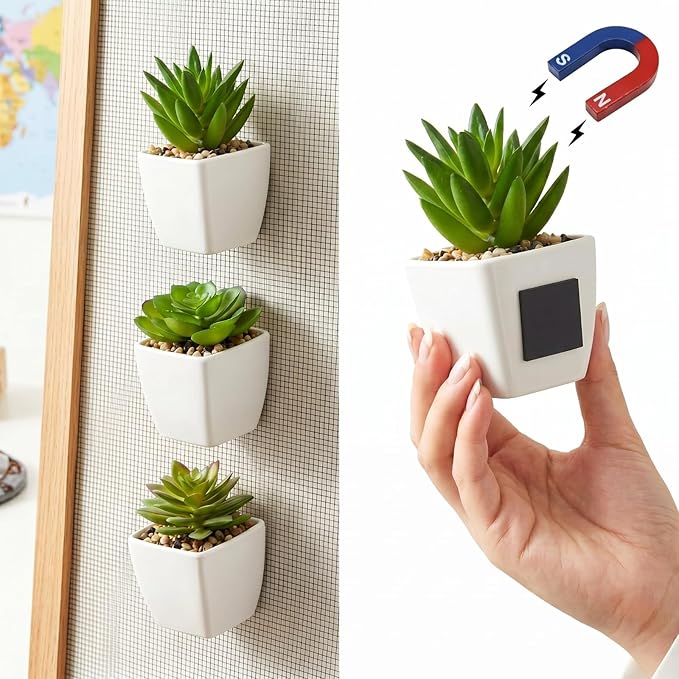3 Pcs Magnetic Plants Classroom Decor Artificial Potted Potted Greenery Mini Fake Plants with Magnets Back to School Teacher Appreciation Gift for Whiteboard Blackboard Home Office(Succulent)