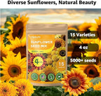 15+ Varieties 5000+ Sunflower Seeds for Planting, 4 Oz Heirloom Non-GMO Sunflower Mix Seeds to Plant (Giant Mammoth, Dwarf) Garden Variety Pack, High Germination, Attracts Pollinators