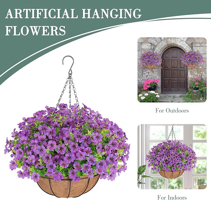 Artificial Flowers Hanging Plants in Basket,Artificial Hanging Flowers for Spring Outdoor Indoor Decor,UV Resistant hanging Baskets with Fake Flowers for Summer Patio Garden Porch Deck Home Decor