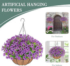 Artificial Flowers Hanging Plants in Basket,Artificial Hanging Flowers for Spring Outdoor Indoor Decor,UV Resistant hanging Baskets with Fake Flowers for Summer Patio Garden Porch Deck Home Decor