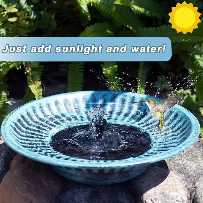 12.3" Solar Fountain Bird Bath for Outside, Metal Solar Bird Bath Fountains, Bird Bath Bubbler for Garden Patio Decor-Blue