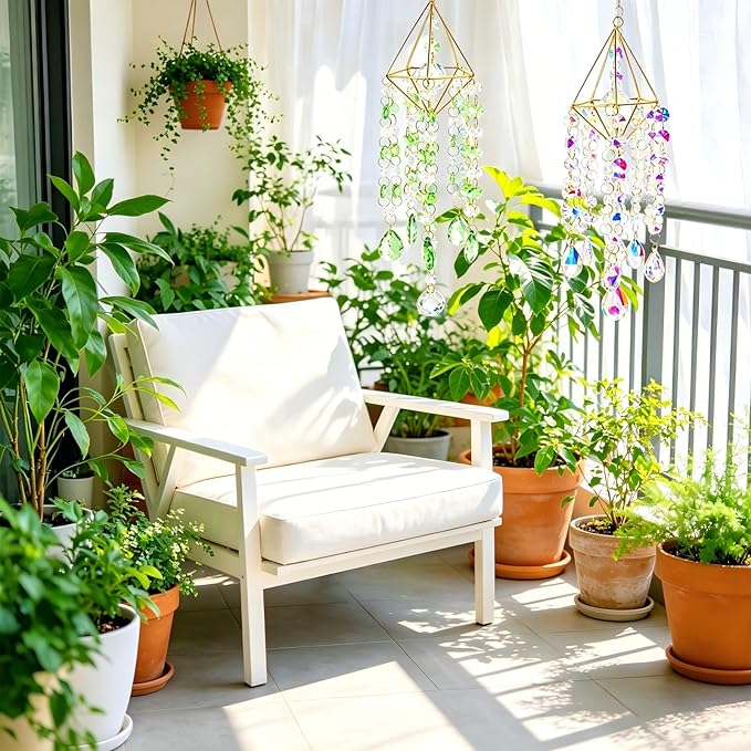 2 Sets Crystal Suncatcher Wind Chimes for Window Hanging, Rainbow Prism Crystal Sun Catchers Indoor Hanging Decor for Home, Garden, Plant & Wedding (AB Green)