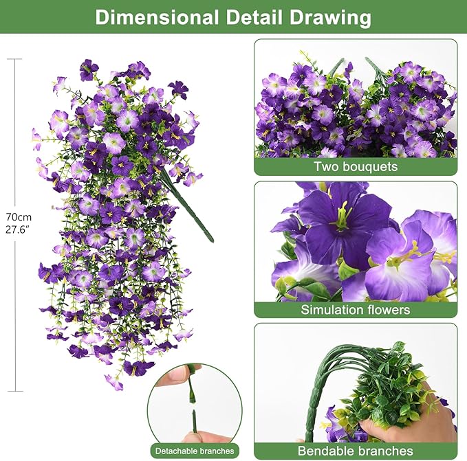 Artificial Fake Hanging Flowers Plants for Outdoor Spring Decoration,2 PCS Faux Silk Morning Glory with Eucalyptus Leaves,UV Resistant Realistic Outdoor Flowers for Balcony Porch Patio Yard Garden
