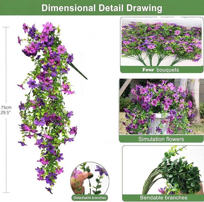 Artificial Hanging Flowers for Outdoors, 4 Pack Fake Hanging Plant for Spring Summer Decor, UV Resistant Faux Silk Flower for Planter Front Door Porch Patio Yard Garden (Double Purple)