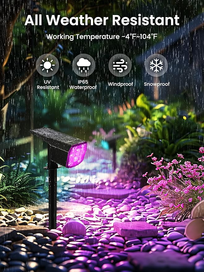 AUDERWIN Color Changing Solar Spot Lights Outdoor, 9 Lighting Modes Colored Solar Lights Outdoor RGB, Color Light Waterproof IP65, Landscape Spotlights for Halloween Christmas Decorations