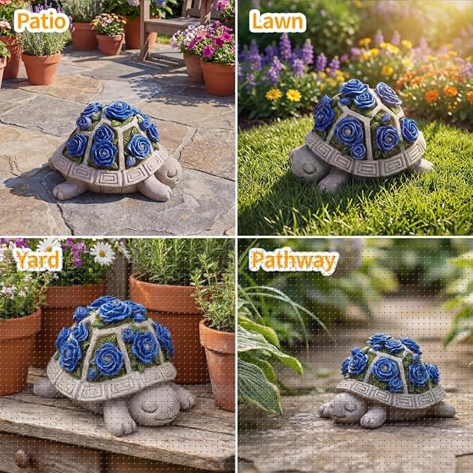 Solar Garden Outdoor Decor Turtle Statue with Dark Blue Roses & 7 LED Lights – Outside Tortoise Decor for Yard Patio Balcony & Backyard - Home House Decoration Art- Gift for Women Mom & Grandma