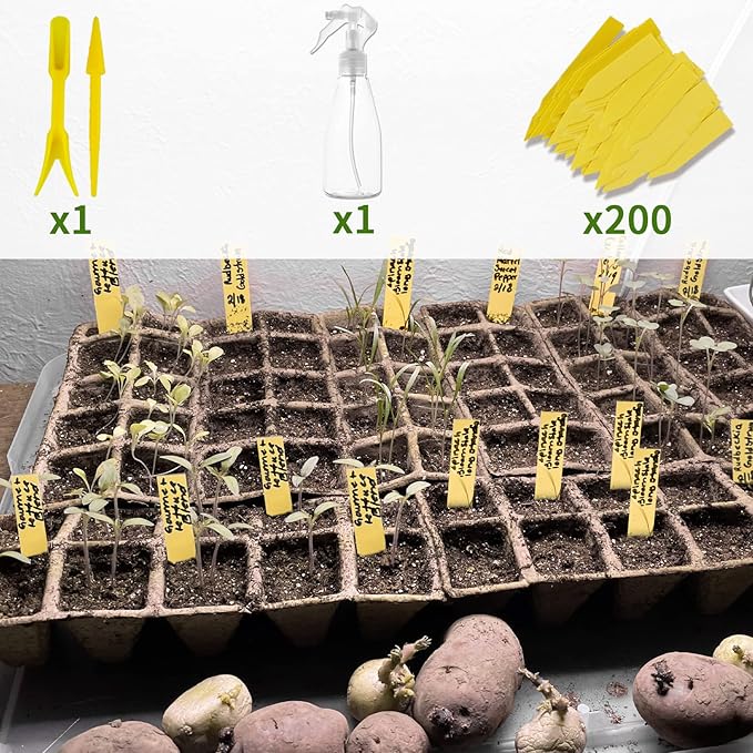 SYITCUN 200 Cells Seed Starter Tray, 20 Pack Biodegradable Seed Starter Kit, Peat Pots for Seedlings with 200 Plant Labels, 2 Seed Planting Tool and 1 Spray Bottle