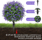 FAJUNZH Artificial Topiary Bushes for Outdoors with Spike, Boxwood Ball Fake Shrubs UV Resistant Faux Plants for Indoor Outdoor Fall Thanksgiving Halloween Decor (Lavender Boxwood Purple-2 Packs)