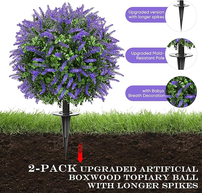 FAJUNZH Artificial Topiary Bushes for Outdoors with Spike, Boxwood Ball Fake Shrubs UV Resistant Faux Plants for Indoor Outdoor Fall Thanksgiving Halloween Decor (Lavender Boxwood Purple-2 Packs)