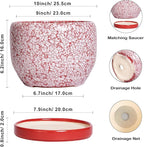 SQOWL Ceramic Planters for Indoor Plants - 10 Inch Flower Pots with Drainage Hole and Saucer, Decorative Ceramic Plant Pots, Round Large Planter Outdoor, Room Decor, Housewarming Gifts, Red and White