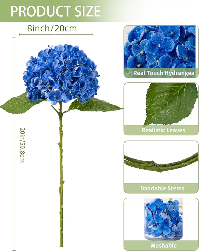 DuHouse 3Pcs Hydrangea Artificial Flowers,Latex Real Touch Hydrangeas with Long Stems & Leaves for Home Decor Party Floral Arrangements Wedding Bouquets Centerpieces(Dark Blue)