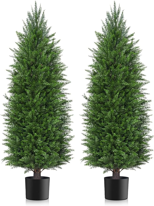 AOKIIE 6FT Artificial Topiary Cedar Plants Outdoor, Faux Pine Trees UV Resistant and Potted, 72 Inch Tall Fake Shrubs Evergreen for Front Porch Decor Set of 2
