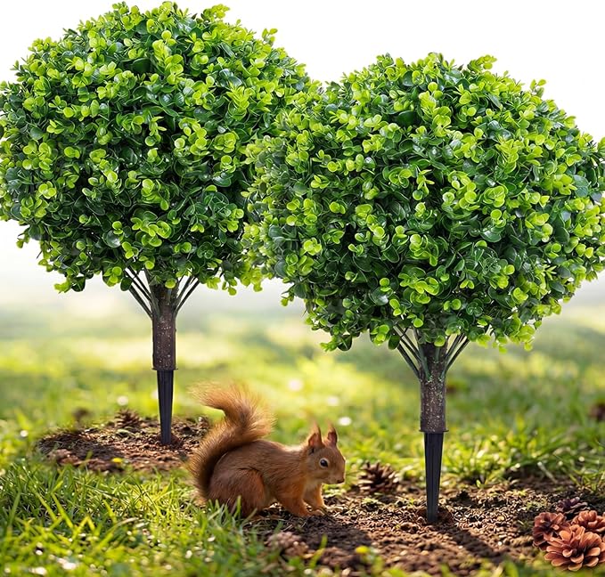 PATIO CHOICE Topiary Trees Artificial Outdoor Boxwood Ball Trees with Ground Spike Set of 2 22" Fake Outdoor Plants Faux Bushes and Shrubs Decorations for Outdoor Indoor Front Porch Garden