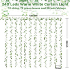 12 Pack Fake Vines Curtain String Light 240 LED 8 Mode & Timer Hanging Ivy Lights Vines for Bedroom Wall Hanging Garden Home Room Wedding Jungle Party Indoor Outdoor