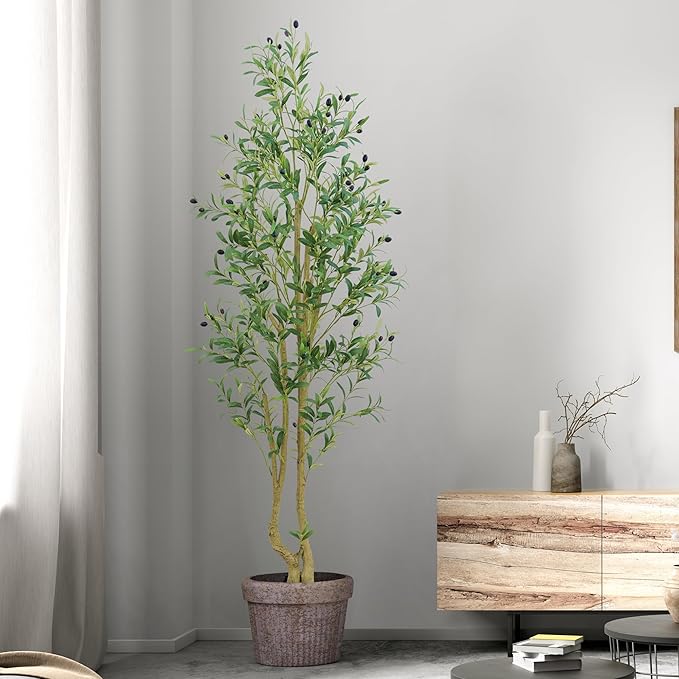 HZXGCP 6ft Artificial Olive Tree Indoor, Fake Olive Tree with White Pot, Faux Olive Tree with Dense Leaves & Realistic Fruits, Tall Artificial Plant for Home Living Room Office Entryway Decor