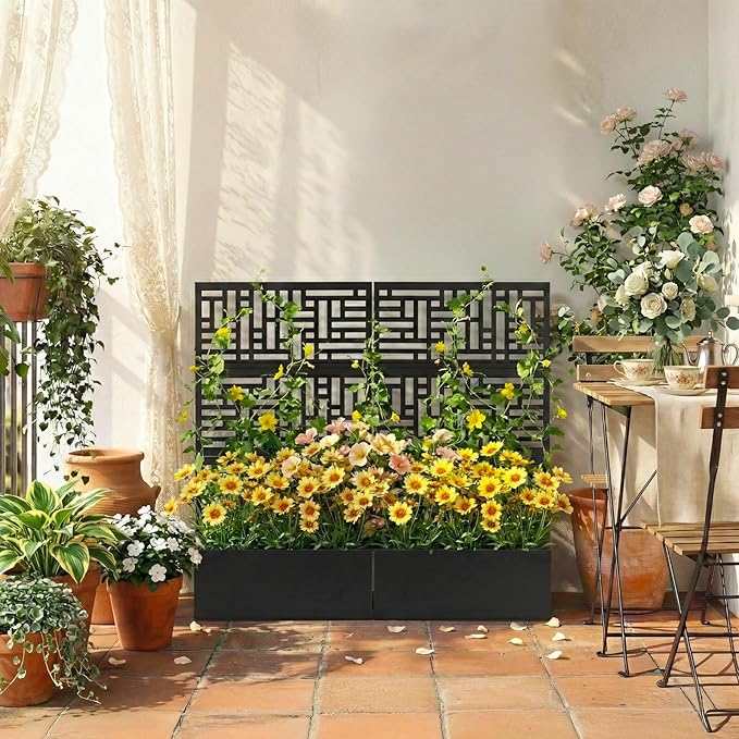 Outvita Metal Planter Box with Trellis, 44’’ x 24’’ x 9’’ Raised Garden Bed with Drainage Holes for Climbing Plants, Vegetables, Vines, Privacy Planters for Patio (Black)