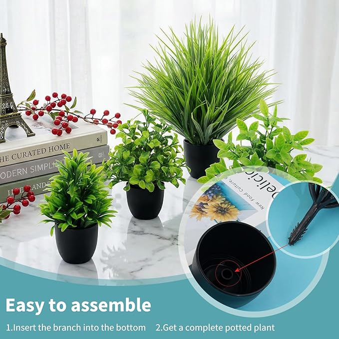 LOYWREE 4 Pack Mini Fake Plants Small Artificial Greenery Potted Plants in Black Pots for Home Office Desk Table Bathroom Farmhouse Room Decor
