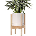 D'vine Dev Ceramic Planter with Natural Stand - 8 Inch Modern Round Flower Pot with Wood Planter Holder, Oatmeal, 55-B-N-8