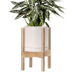 D'vine Dev Ceramic Planter with Natural Stand - 8 Inch Modern Round Flower Pot with Wood Planter Holder, Oatmeal, 55-B-N-8