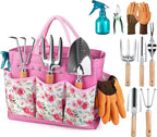 Grenebo Gardening Tools 9-Piece Heavy Duty Garden Hand Tools with Fashion and Durable Garden Tools Organizer Handbag, Rust-Proof Garden Tool Set, Ideal Gardening Gifts for Women (Pink)