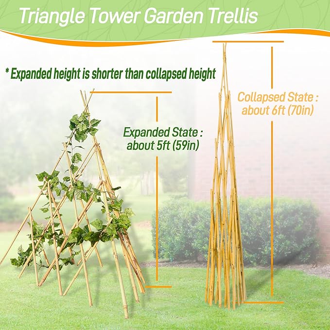 6ft Expandable Bamboo Teepee Trellis for Climbing Plants, Self-Standing Natural Bamboo Trellis for Plant Support, Folding Garden Trellis for Vines Flowers Vegetable Indoor Outdoor