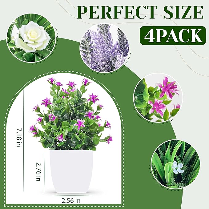 Der Rose 4 Pack Fake Plants Small Artificial Potted Faux Plants with Flowers for Home Bathroom Living Room Office Decor Indoor