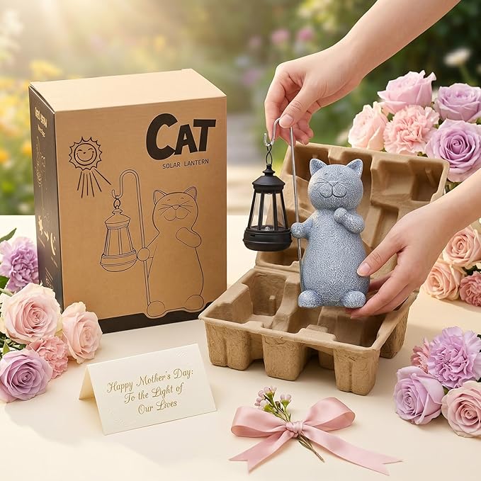 Qeeman Solar Cat Garden Statue: Weatherproof Resin Figurine with Warm Glow Lantern - Outdoor Decor for Yard Pathway Patio Porch Balcony - Gifts for Mom Grandma Cat Lovers