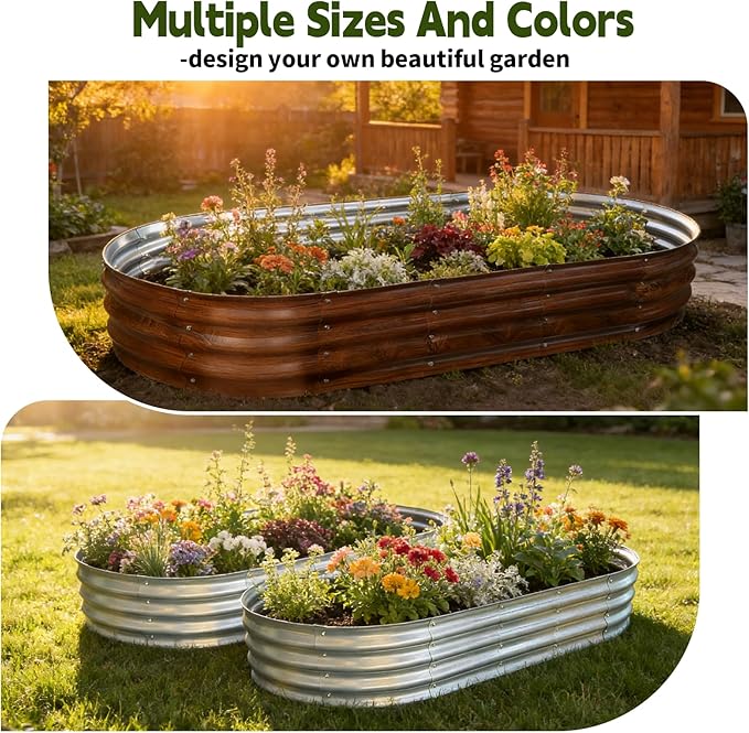 Galvanized Raised Garden Bed Outdoor, Large Raised Bed for Gardening, 6x3x1ft Oval Metal Planter Box for Vegetables, Fruits, Flowers, Dark Brown Wood Grain