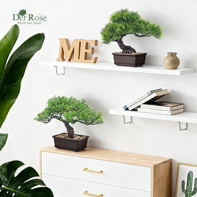 Der Rose 2Pcs Small Fake Plants Artificial Bonsai Tree Set Ficus and Cedar for Office Desk Shelf Room Home Zen Decor Indoor