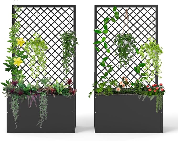 MOTION 2 Pcs Outdoor Raised Garden Bed with Trellis - Free Standing Planter for Hanging Flower Baskets Lattice Planter Boxes, Black