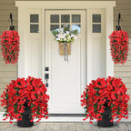 Sggvecsy Artificial Fake Hanging Flowers Plants for Outdoor Outside Spring Summer Decoration 4PCS Faux Silk UV Resistant Realistic Morning Glory Trailing Vines for Home Porch Patio Balcony(Red)
