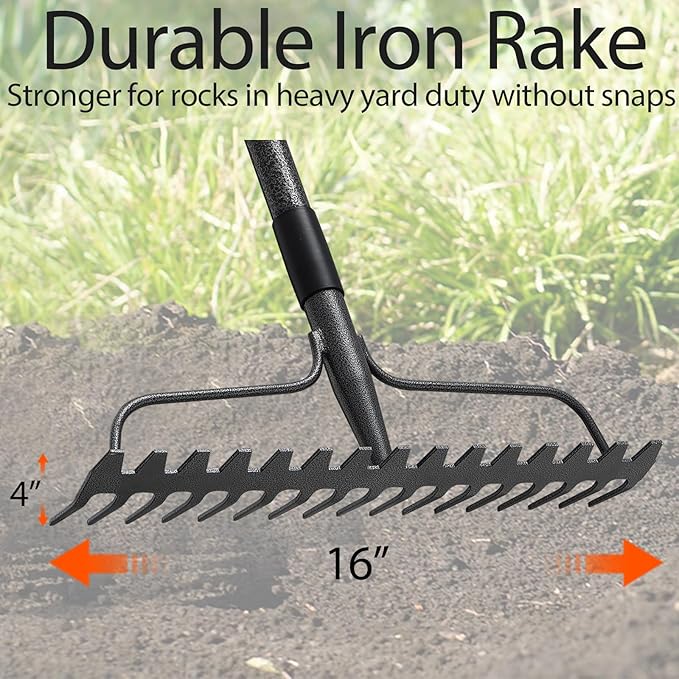 Bow Rake,Thatch Rakes for Lawns, Heavy Duty Metal Garden Rake with 17 Prongs, Adjustable Yard Rock Rake for Gardening Loosening Soil, Long Handle 60 Inches