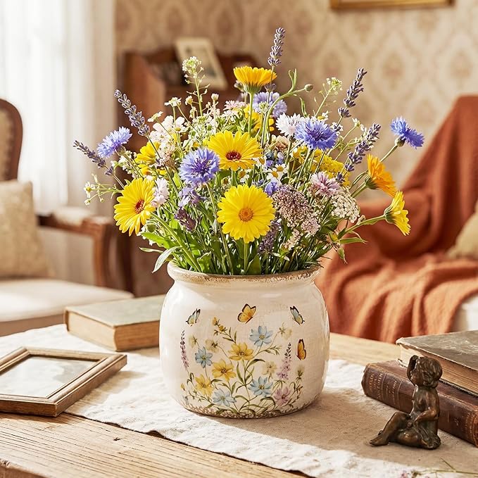 Vintage Large Ceramic Planter with Butterfly Bliss Pattern Warm Yellow Ice Crack Finish Antique Cottage Flower Vase Pot for Indoor Plants Farmhouse Home Kitchen Office Decor