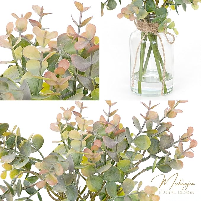 Muhanjia Artificial Eucalyptus Stems in Glass Vase with Faux Water,6Pcs Grey-Orange Fake Plant for Centerpiece (Grey-Orange Eucalyptus)