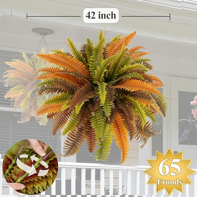 42” Artificial Boston Fern Bush Plant, 2 Faux Ferns for Outdoors Large, Fake Ferns Realistic Artificial Plants with 65 Fronds for Garden Porch Patio Home Office Living Room Decor Yellow