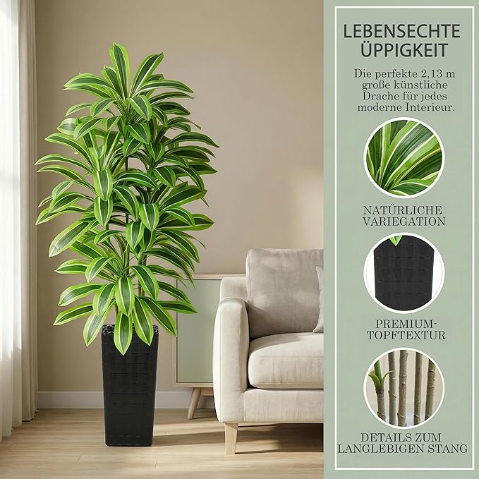 Artificial Dracaena Tree：7FT Faux Silk Tropical Yucca Floor Trees Realistic Fake Green Plant with Natural Wood Trunk & Lifelike Leaves for Home Office Decor Indoor & Outdoor (7FT,1-Pack,Black)