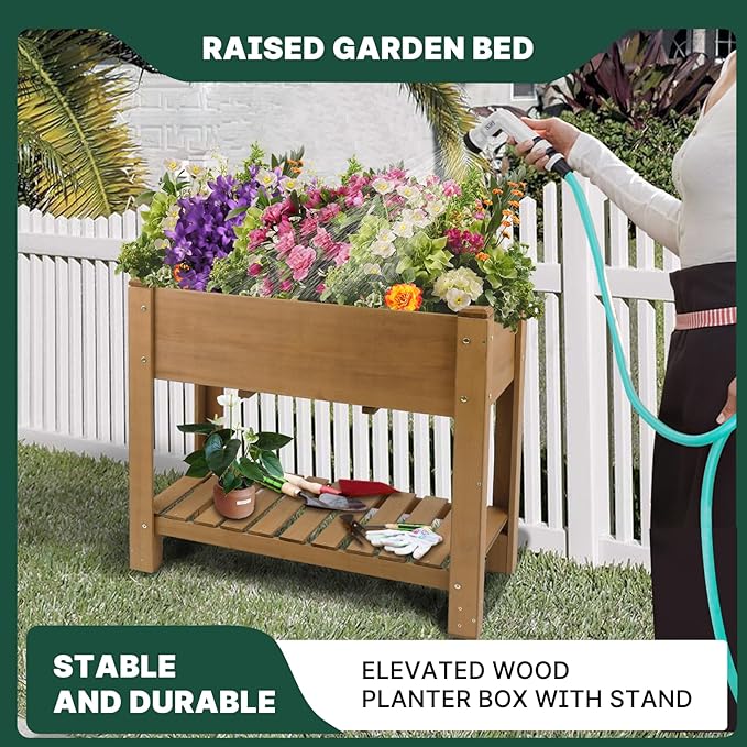 Raised Garden Bed Outdoor, Wooden Planter Boxes with Legs Protective Liner & Drainage Holes, Elevated Garden Flower Beds for Backyard Balcony, Gift for Gardening & Mother, 33.46'' X 17.9'' X 29.72''