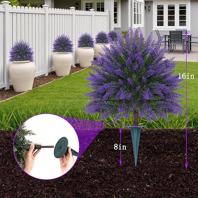 Yangrass Artificial Lavender Topiary Bushes with Ground Spike, 24" Set of 2 Faux Lavender Boxwood Ball Trees UV Resistant Fake Greenery Plants for Indoor & Outdoor Spring Porch Decor