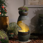 Outdoor Water Feature Patio Fountain with LED Lights, 31.9" Resin Garden Waterfall Fountain Outdoor, Modern S-Shaped Bowl Design Water Feature for Porch, Garden, Yard, Home Decor, Grey