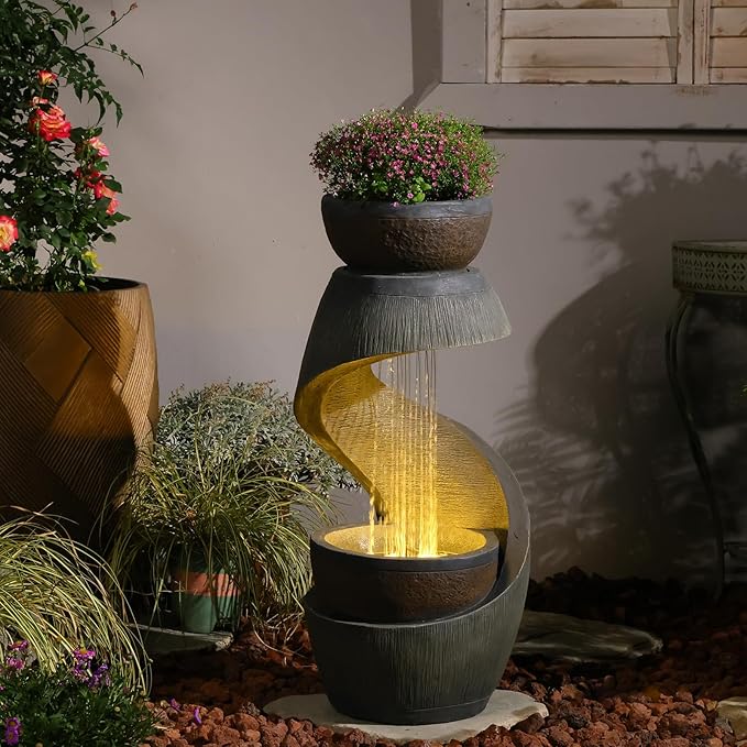 Outdoor Water Feature Patio Fountain with LED Lights, 31.9" Resin Garden Waterfall Fountain Outdoor, Modern S-Shaped Bowl Design Water Feature for Porch, Garden, Yard, Home Decor, Grey
