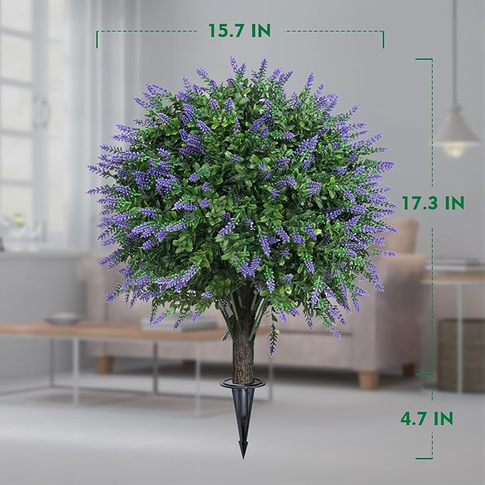 AOKIIE Set of 2 Artificial Lavender Boxwood Topiary Ball Bush for Outdoor with Ground Spike 22", UV Resistant Faux Greenery Shrubs, Fake Boxwood Plants for Indoor, Garden, Yard, Porch, Patio Decor