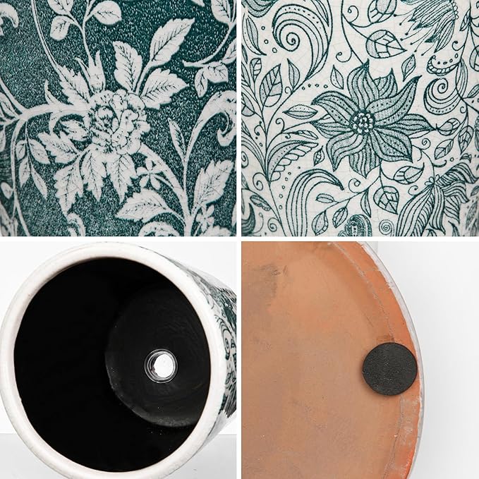 Set of 2 Ceramic Blue and White Plant Pots with Drainage Hole and Saucers, Vintage Farmhouse Accent Planters for Indoor Plants, Round Flower Pots Rustic Succulent Pot Terracotta Tubs 5.7/4.7 Inch